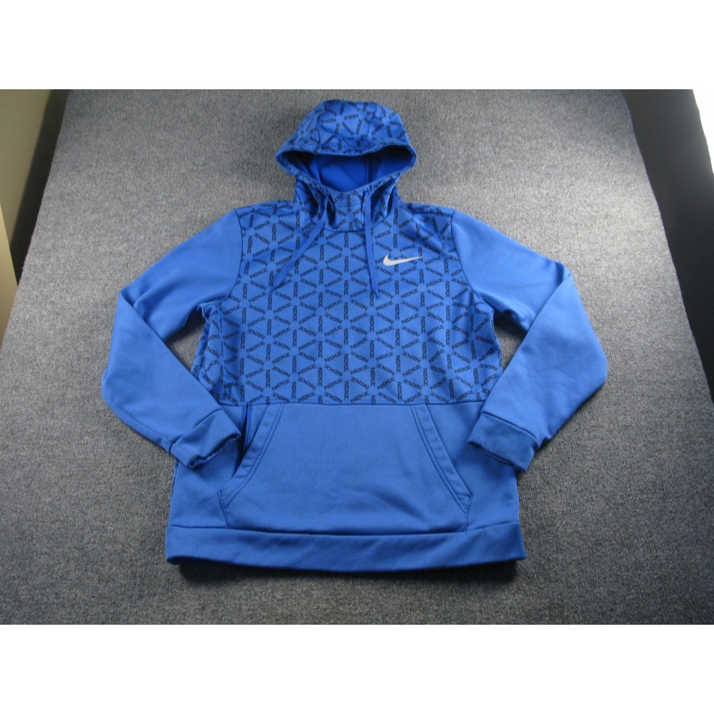 Nike Mens Therma-FIT Hoodie Blue Geometric Logo Print Pullover Sweatshirt L 2103